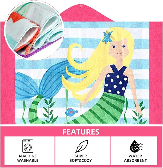Hooded Towel for Kids, 100% Cotton Soft and Absorbent, Pool Bath Beach Swim Towel Wrap, Bathrobe Coverups for Girls and Boys, Extra Large:30"×50"(Yellow Hair Mermaid)