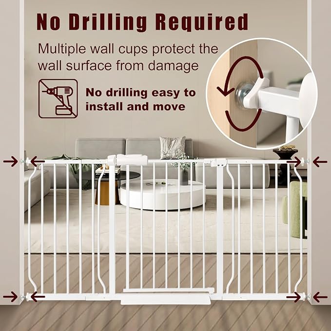 Extra Wide Baby Gate 71.65-76.38 Pressure Mounted,Child Dog Pet Safety Gates with Walk Through Door for Doorways Stairs No Drilling in Door,White