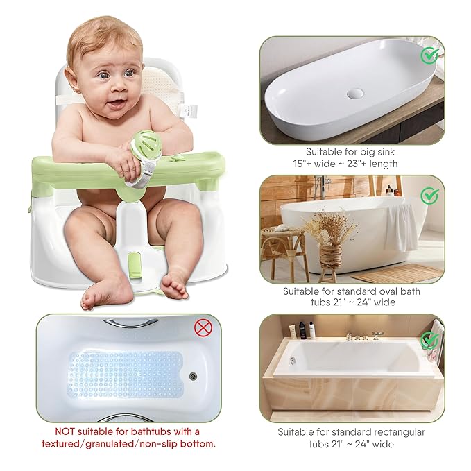 Baby Bath Seat with Sitting & Lying 2 Modes, 3-Speed Adjustment, Powerful Suction Cups, Infant Bathtub Chair with Washable Pillow, Folding and Hanging