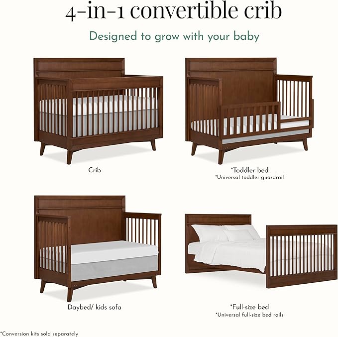 Evolur Loft Antilia Mid-Century 4-in-1 Crib in Walnut, Greenguard Gold & JPMA Certified, Baby Crib Converts to Toddler Bed, Daybed & Full Bed