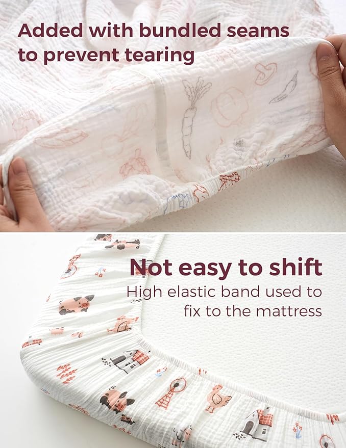 Momcozy Best Wishes Muslin Fitted Mini Crib Sheets, 38''x26'', 2 Pack Soft Breathable Natural Cotton Baby Mattress Sheet, 360° Mattress Wrapping Boys Girls Neutral Toddler Bed Sheet, Farming Joy