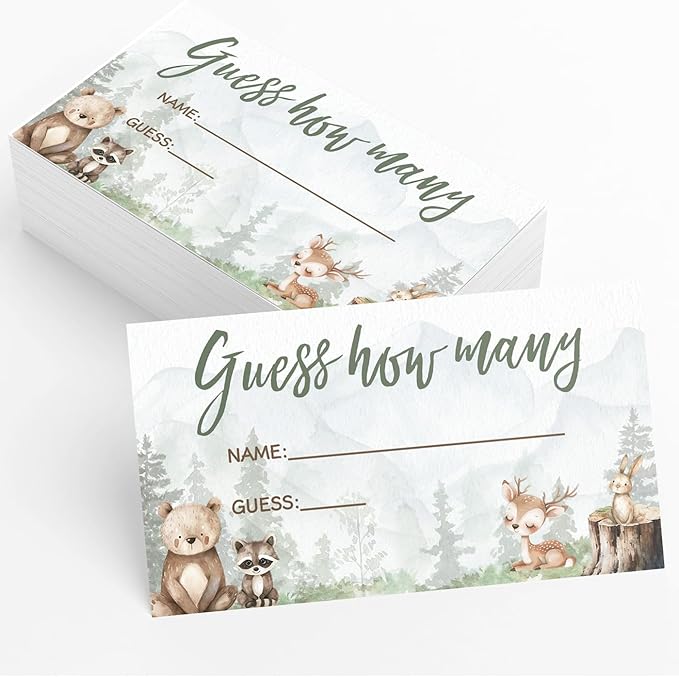 Printed Party Baby Shower Games – Woodland Adventure Candy Jar Guessing Game, Forest Animal Theme, 30 Guess How Many Cards & Matching Display Sign