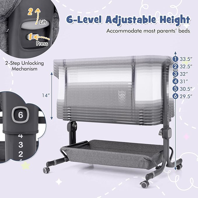 BABY JOY Bassinet, Bedside Crib w/ 6-Level Adjustable Height, Storage Shelf, Wheels, Mattress & Carry Bag for Safe Co-Sleeping, Folding Bassinet Bedside Sleeper for Newborn Infants (Gray)