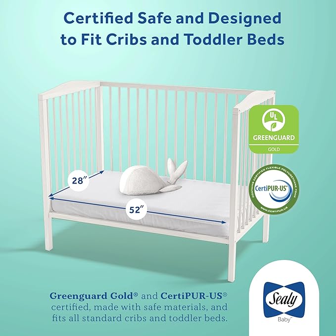 SEALY BABY OmniPedic Airie 2 Stage Breathable Crib Mattress, GREENGUARD Gold Certified, Made in USA, Toddler Bed Fit, Ultra Firm and Hypoallergenic, 52x28