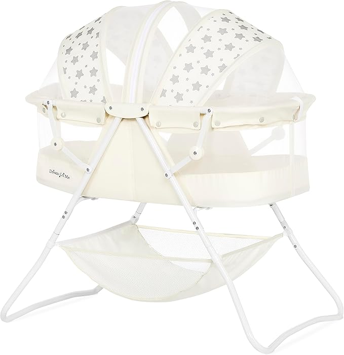 Dream On Me Karley Bassinet in French White, Lightweight Portable Baby Bassinet, Quick Fold and Easy to Carry , Adjustable Double Canopy, Indoor and Outdoor Bassinet with Large Storage Basket.