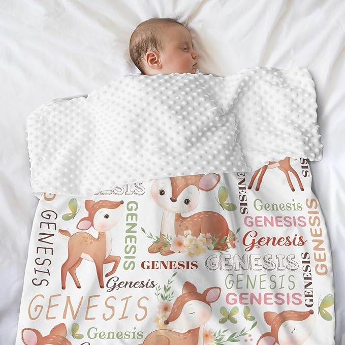Personalized Baby Blanket for Girls Deer Custom Baby Blankets with Name Dotted Backing Customized Gifts for New Mom Customize Baby Blanket for Kids Newborn Birthday