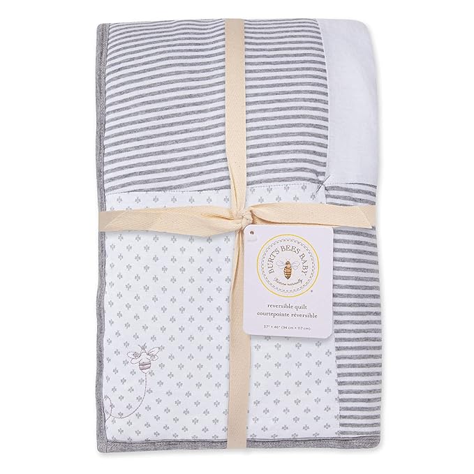 Burt's Bees Baby Reversible Blanket, Nursery, Stroller & Tummy-Time Organic Jersey Cotton Quilted Infant & Toddler Bedding