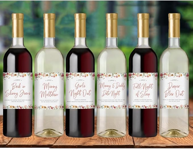 Printed Party Baby Shower Wine Label Gift Set - Mommy's First Milestones, Wine Bottle Labels for Expecting Mother to Be, Baby in Bloom Wildflower Theme (Set of 6)