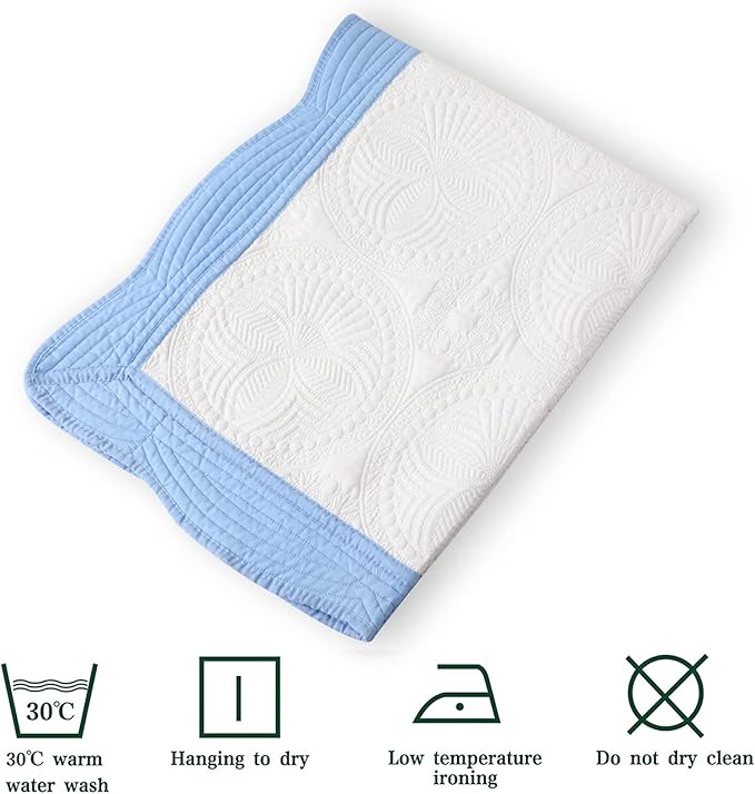 MONOBLANKS Baby Quilt Personlized Monogram Lightweight Embossed Scalloped Throw Blanket Four Seasons (White-Blue Trim)