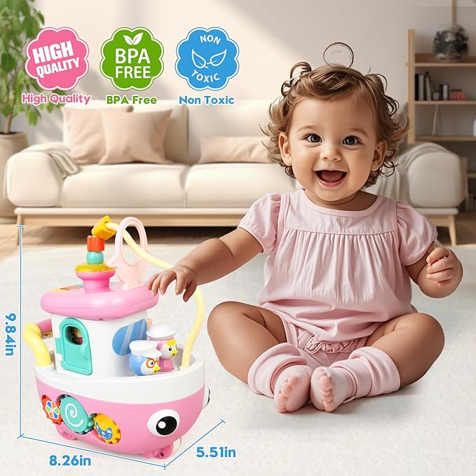 Toys for 1+ Year Old Girls - Baby Toys Crawling Boat with Music and Sound, 9-in-1 Baby Musical Toys 18+ Months Age, First Christmas 1st Birthday Gifts for 1+ Year Old