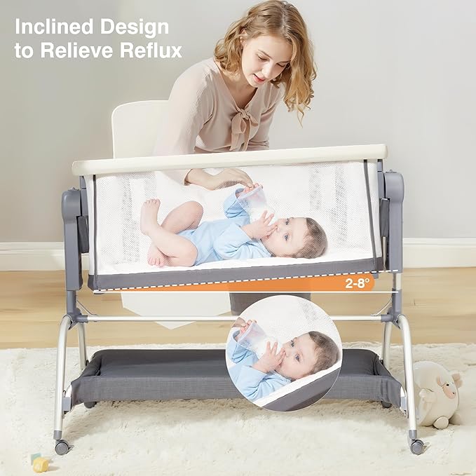 Bedside Cribs 3 in 1 Baby Bassinet Bedside Sleeper with Adjustable Height Easy Folding Portable Crib Comfy Mattress and Wheels - Gray