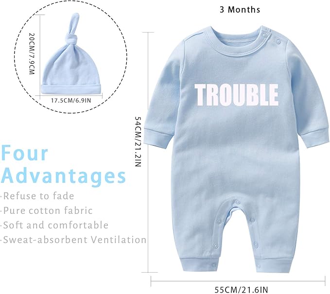 YSCULBUTOL Baby Twins Bodysuits Funny Double Trouble Cute Girl Romper Twin Jumpsuits Hat Set
