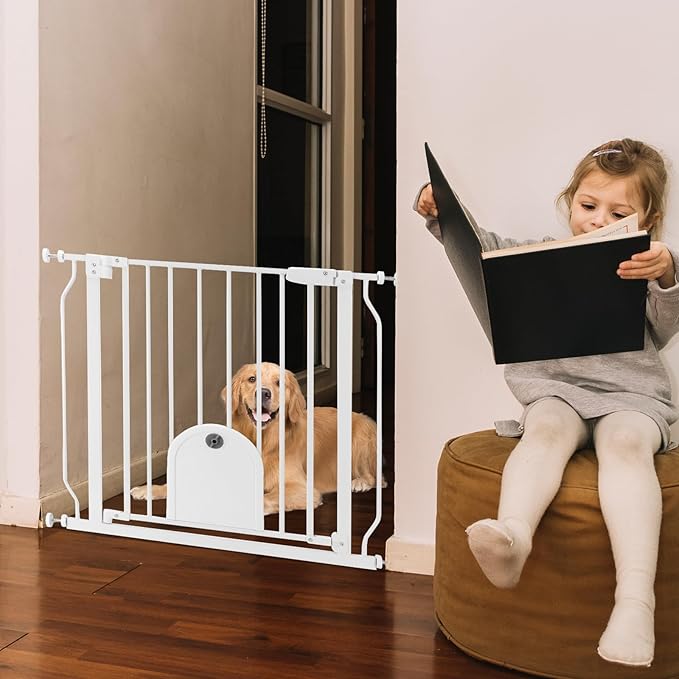 Baby Gate with Cat Door for Stairs - Baby Gate with Pet Door Auto Close 29.5"-48.5" Safety Metal Dog Gate for Door Ways/Stairs/House/Walk Through with Includes 2 Extension Pieces and 4 Wall Cups