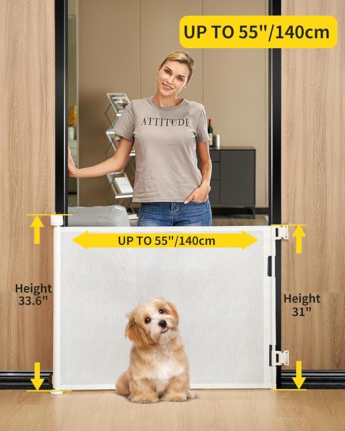 DEAR LOV 2 Pack Retractable Baby Gate,Mesh Baby Gate or Mesh Dog Gate,33" Tall,Extends up to 55" Wide,Child Safety Gate for Doorways, Stairs, Hallways(White,33"x55"