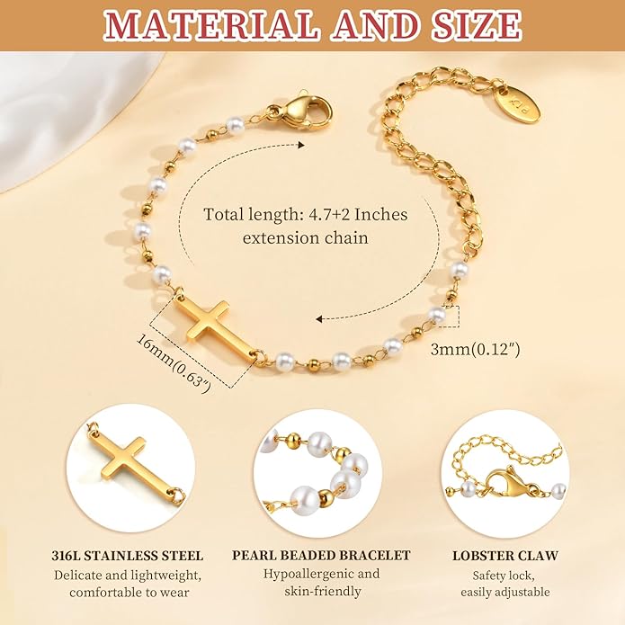 Baby Baptism Cross Bracelet Gift : 18k Gold Plated/Silver Delicate Pearl Cross Bracelets Kids Daughter Granddaughter Birthday First Communion Confirmation Gifts Christian Jewelry for Boys Girls