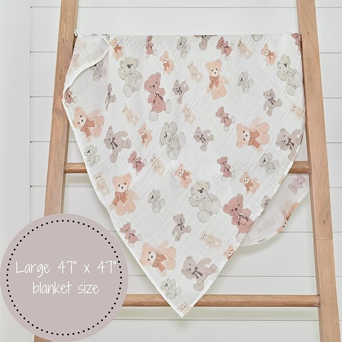 LollyBanks Muslin Swaddle Blankets for Boys and Girls, Large 47 x 47 Inches Soft Swaddles for Newborns, Breathable and Lightweight 100% Cotton Baby Receiving Blankets, Registry (Teddy Bear Theme)