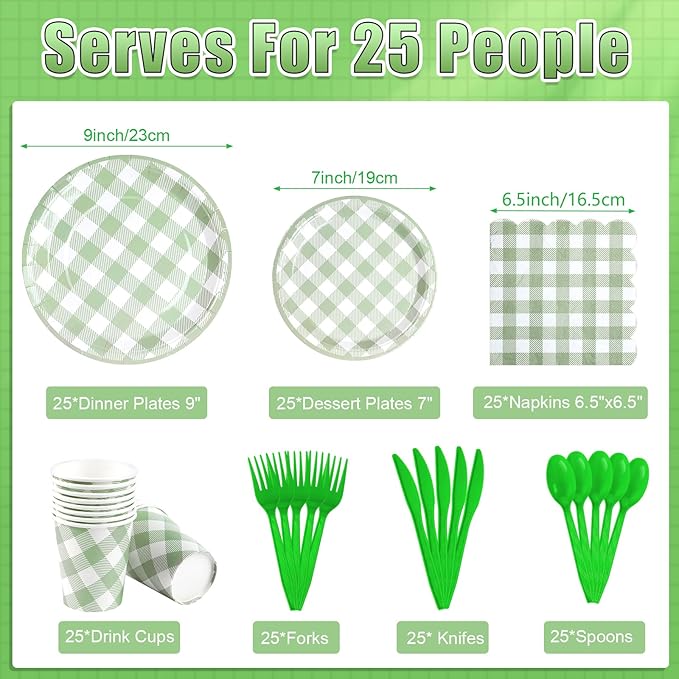 175 Pcs Sage Green Gingham Plates and Napkins Set, Sage Gingham Party Supplies with Paper Plates Napkins Cups Plastic Spoons Forks Knives for Wedding Picnic Baby Shower Decorations
