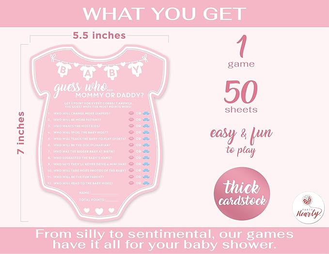 Party Hearty Baby Shower Games for Girl, 50 pcs Pink Mommy or Daddy Guess Who Game, Fun Activity Cards, Baby Shower Ideas