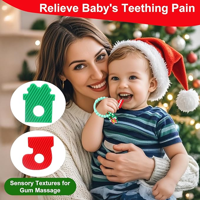 Christmas Baby Teething Ring Toys – Christmas Gift & Stocking Teethers for Newborns, Infants & Toddlers – Sensory Chew Bracelet for Teething Relief – Perfect Baby’s First Christmas Stocking Stuffers