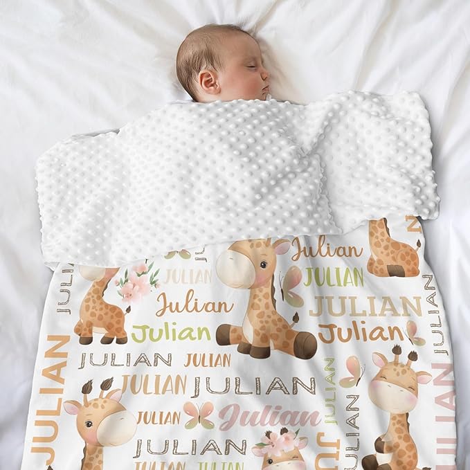 Personalized Baby Blanket for Girls Boys Giraffe Custom Baby Blankets with Name Dotted Backing Customized Gifts for New Mom Customize Baby Blanket for Kids Newborn Birthday