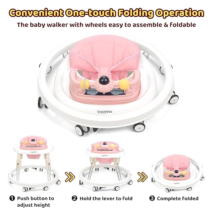 Baby Walker with Wheels,Music and Lights Baby Walker for Boys Girls 6-12 Months,Foldable Baby Walkers and Activity Center,Toddler Infant Walker with 7-Speed Height Adjustment,Detachable Plate,Pink