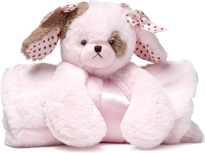 Bearington Baby Wiggles Cuddle Me Sleeper, Pink Puppy Dog Large Size Security Blanket, 28.5" x 28.5 - Baby Blanket - Lovies for Girls