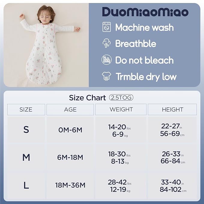 Duomiaomiao 1.5 TOG Baby Sleep Sack 100% Cotton Four Season Baby Wearable Blanket, Breathable Comfy Toddler Sleeping Sack