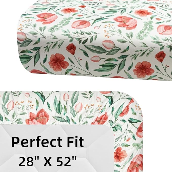 4 Pack Baby Girl Crib Sheets Set Soft Fitted Floral or Elephant Theme Baby Girl Mattress Covers Breathable Toddler Bed Sheets for Infant or Newborn Girls (Flower, Crib Sheets)
