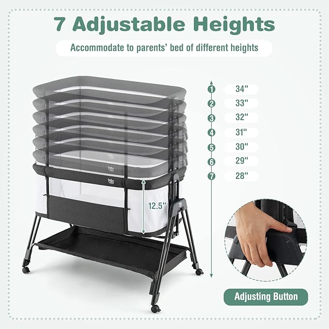 BABY JOY Bassinet Bedside Sleeper, Easy Folding Crib w/All-Side Mesh, Storage Shelf, 7 Adjustable Heights, Mattress & Travel Bag for Safe Co-Sleeping, Portable Bed for Newborn Infant -Black