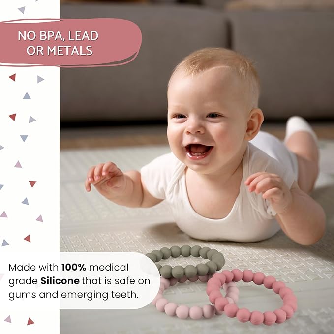 Baby Teether Rings, 100% Silicone Teether Bracelets for 3m+ Babies to Self-Soothe, BPA Free & Phthalate Free - Includes 4 Neutral Baby Rings