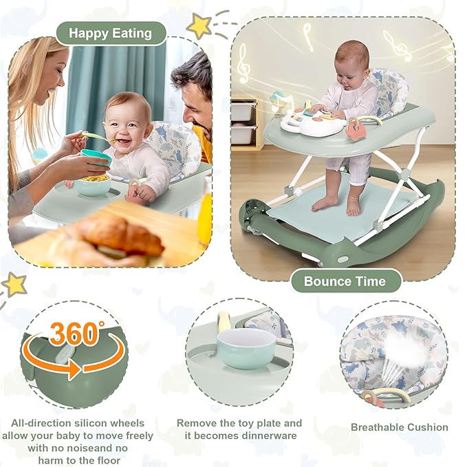 Foldable Baby 5-in-1 Activity Walker - Rocker, Activity Center, Bouncer, Seat Walker, Push Walker - Adjustable Speed Rear Wheels and Height Toys Ages 6-18 Months… (Light Green)