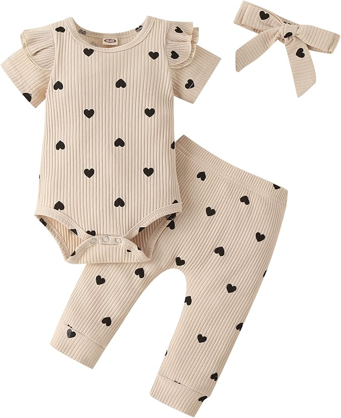 Fullfamous Baby Girl's 3pc Rib Frill Long Sleeve Romper and Pant Set