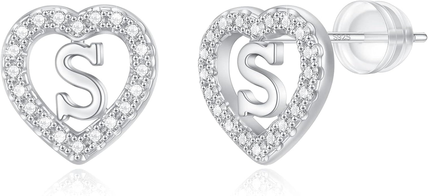 Initial Heart Earrings for Girls, Sterling Silver Post Silver/Rose Gold Heart Initial Stud Earrings for Little Girls Kids Baby Earrings Non Tarnish Hypoallergenic Earrings for Teen Girls Gifts Jewelry
