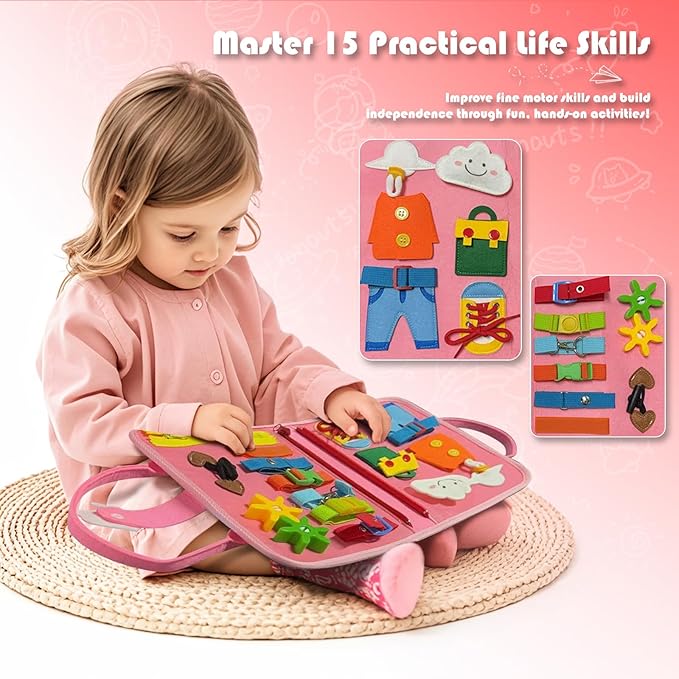 Toddler Busy Board Montessori Toys - Quiet Book for Boys Girls Toddlers Birthday Gift, Busy Book for Learning Fine Motor Skills Educational Activities, Sensory Travel Toy for Airplane & Car (Pink)