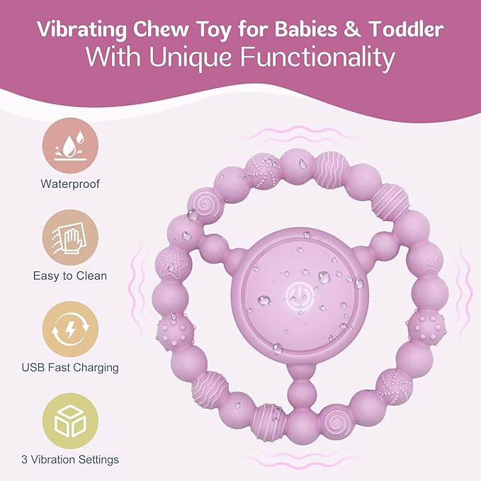 Vibrating Sensory Chew Toy for Babies & Autism Support - USB Rechargeable Baby Teething Toy with 3 Vibration Modes, Safe Silicone Chewers for Toddlers 6+ Months(Pink)