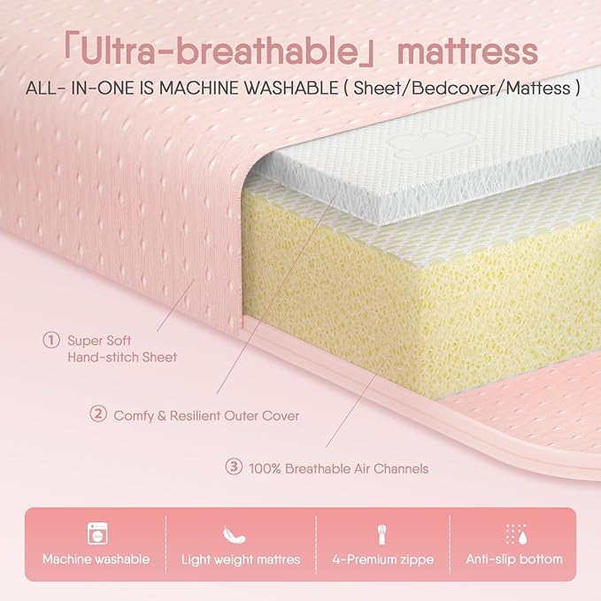 33x20x1.5 Breathable Crib Mattress Protector, Gel Memory Foam Toddler Mattress, Portable Crib Mattress Cover with Sheet for Mini Cribs & Baby Bassinet (Pink)