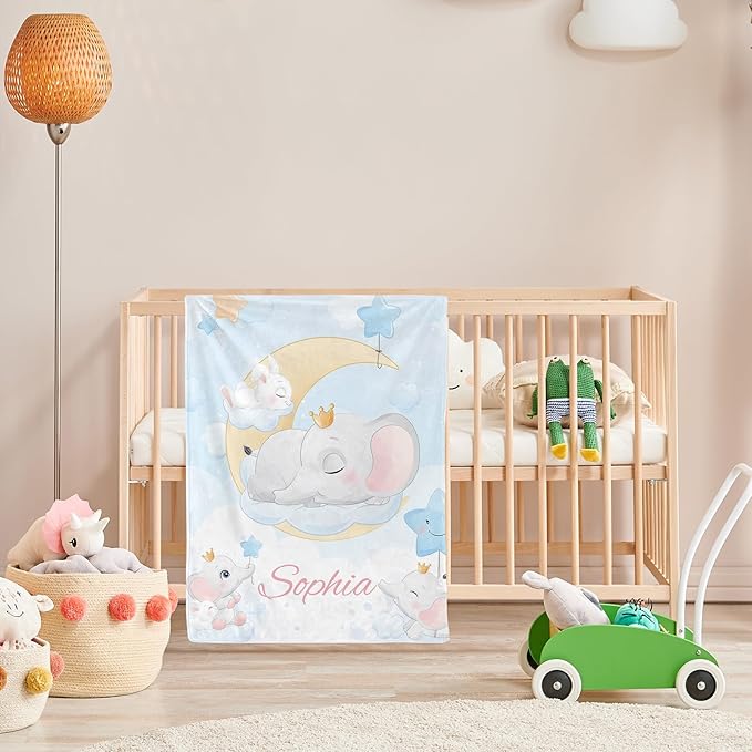 Personalized Baby Blanket with Name, Custom Elephant Name Blankets Toddler Girls Soft Flannne Swaddling Blankets Azure Color Customized Memorial Gift from Nana for Infant Newborn Shower