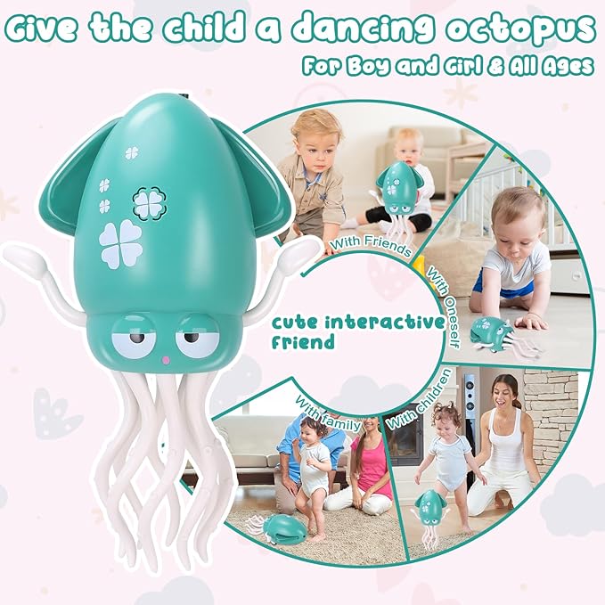 Dancing Octopus Baby Toy, Tummy Time Toys, with Music and Led Light, Automatically Avoids Obstacles, Crawling Toy Suitable for Birthday Gifts for Toddlers Over One Month Old(Green)