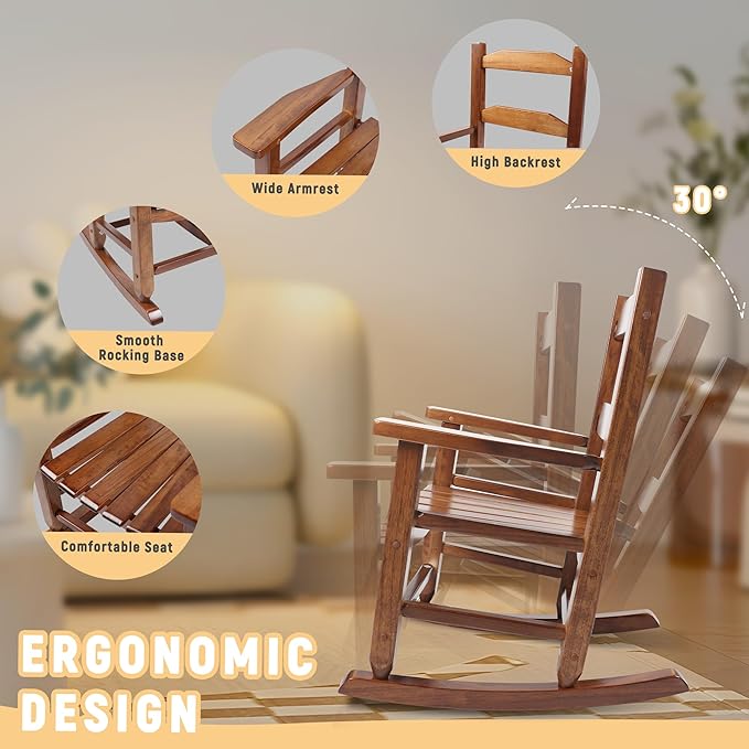 Toddler Rocking Chair Set of 2 for Kids Comfy Recliner Wooden Rocker for Baby Children Ages 3-6 Outdoor Lounge Chair Girls Indoor Playroom Brown