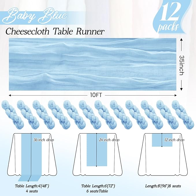 12Pack Baby Blue Cheesecloth Table Runner 35x120Inch Cheese Cloth Table Runners 10FT Boho Gauze Rustic Sheer Table Runner for Party Wedding Bridal Shower Baby Shower Decorations Boy Party Decor