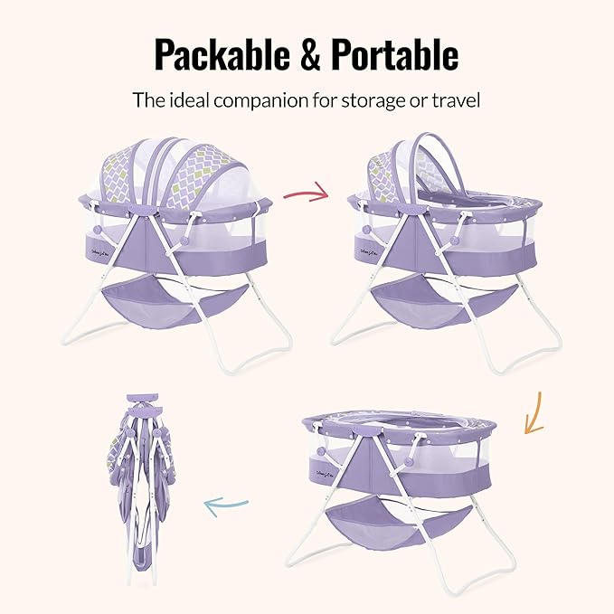Dream On Me Karley Bassinet in Periwinkle, Lightweight Portable Baby Bassinet, Quick Fold and Easy to Carry , Adjustable Double Canopy, Indoor and Outdoor Bassinet with Large Storage Basket.