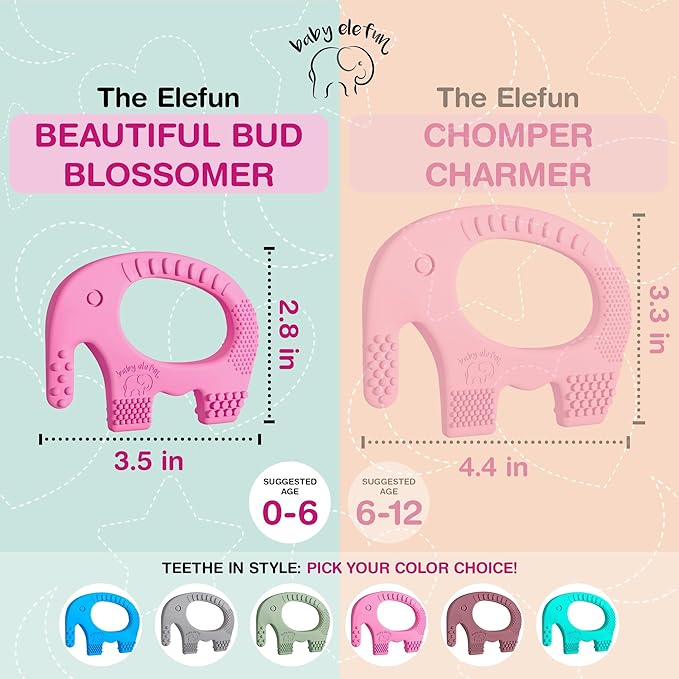 Cute Valentines Day Baby Gift - Baby Elefun Teething Toys for Babies Age 0 to 6 Months - 5X Pain Relief Smart Teether, Zero Developmental Delay Pink Silicone Teething Toy for Infants and Baby Shower