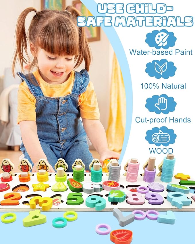 Magnetic Fishing Game, Montessori Educational Toy for 1-3, Wooden Alphabet Number Shape Puzzles, Rings Counting Sorting Toys Math Shape Blocks for Toddlers 3-5