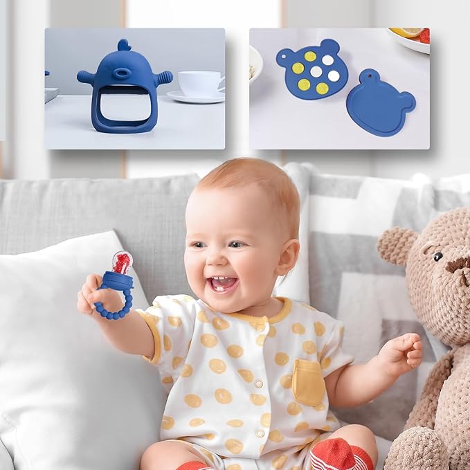 Baby Fruit Feeder Pacifier - 3 Pack | 1 Baby Food Feeder & 1 Baby Teether & 1 Baby Popsicle Molds | Breastmilk Popsicle molds | Teething Toys | Mesh Baby Feeder | Baby Feeding Set | Bebes (Steel Blue)