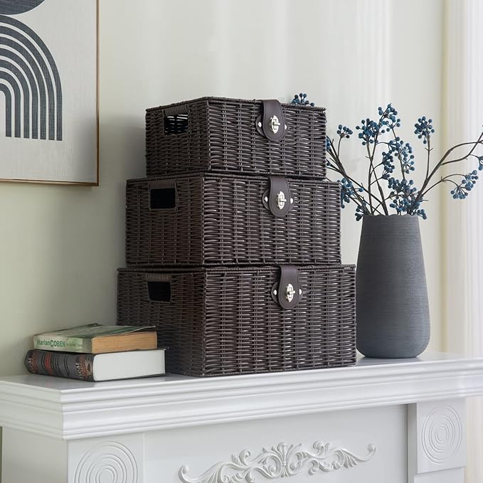 Set of 3 Woven Wicker Storage Basket Box with Lid & Lock, Built-in Carry Handles, Multifunctional Storage Organiser for Nursery, Baby, Clothes, Toys, Books, Large/Medium/Small Size (Brown)