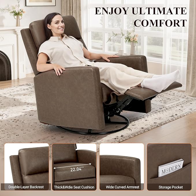 COLAMY Recliner Chair, PU Leather 360° Swivel Rocker Recliner, Nursery Glider Recliner with Ergonomic High Backrest and Upholstered Deep Seat for Living Room, Bedroom, Color Gray