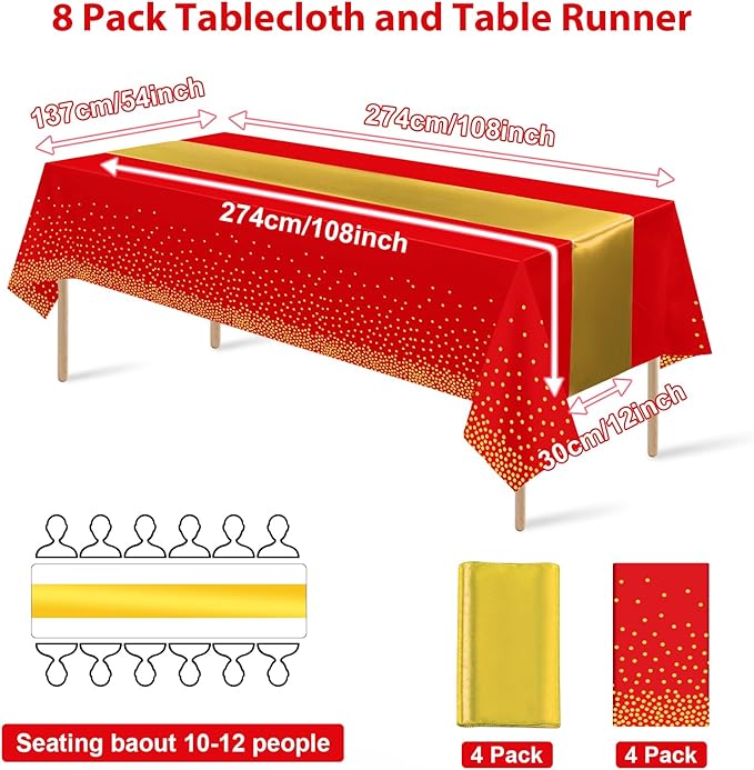 8Pack Disposable Plastic Party Tablecloths and Satin Table Runner Set Red and Gold Dot Table Cloth Gold Satin Table Runner for Wedding Birthday Baby Shower Anniversary Holiday Party Decorations