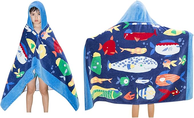 BANGSAUR Kids Hooded Beach Bath Towels, 100% Cotton 50"x30" Wrap Bathrobe, Toddlers Boys 3-12 Years Coverup Towel Ocean Fish