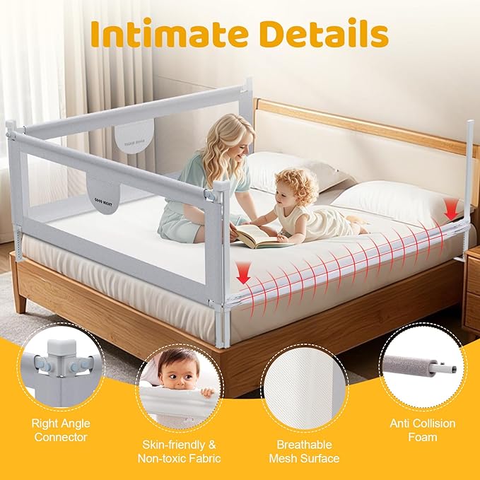 omzer Bed Rail for Toddlers - 3 Sides Safety Baby Bed Rail Guard with Child Lock, Infants Height Adjustment Queen Size Bed Rail for Toddlers,78.74"X78.74"X59"