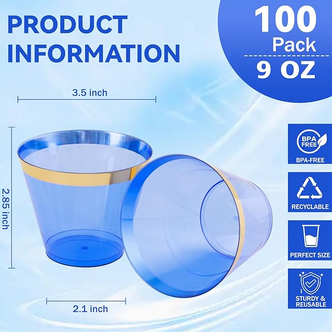 supernal 100 Pcs Blue Plastic Cups, 9oz Blue Disposable Cups with Gold Rim, Plastic Wine Cocktail Glasses Perfect for Party, Wedding and Birthday, Cute Cocktail Party Cup Disposable Wine Glasses